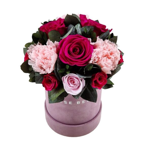 Rose Belle Box S różowy DeLuxe z różowymi goździkami