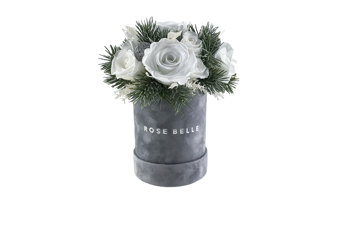 Świąteczny Rose Belle Box S szary DeLuxe z białymi różami